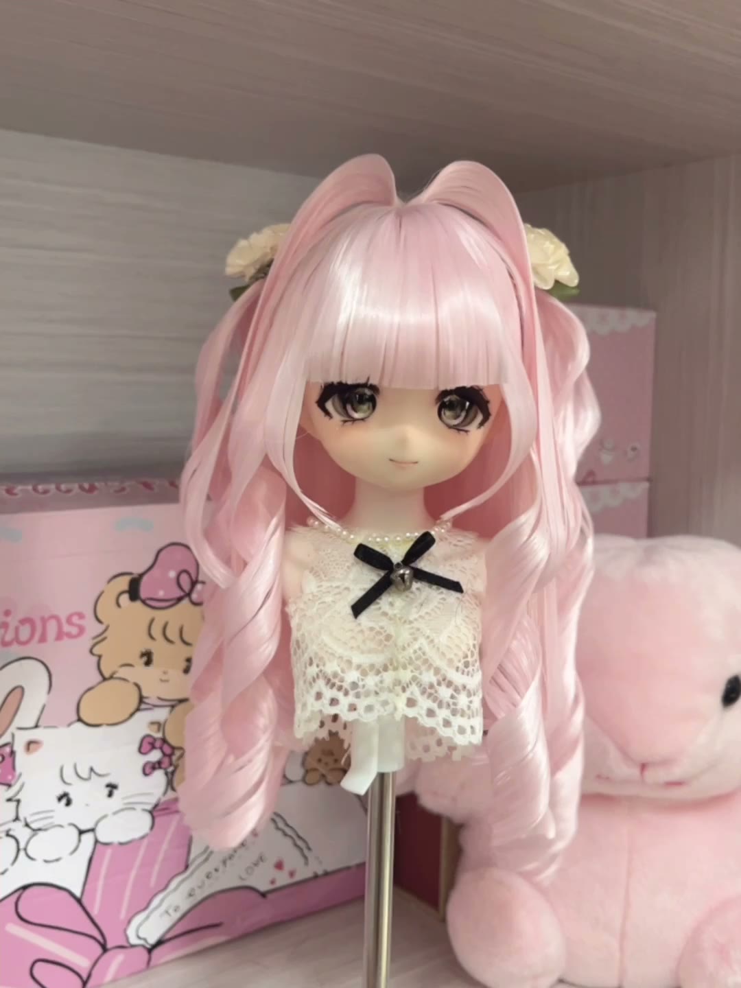 Doll Wig Pastel Pink with Pigtails