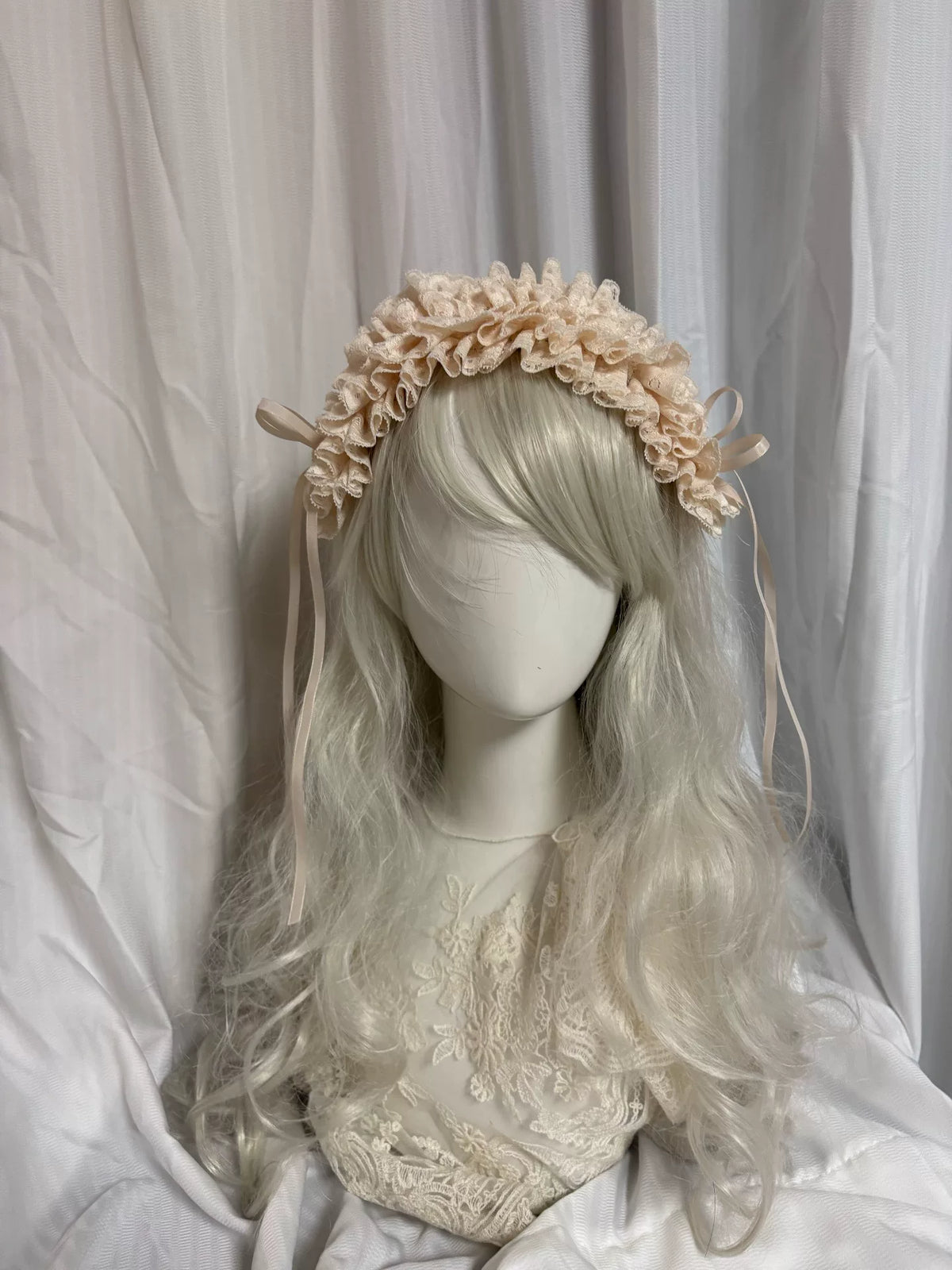 Cream Ruffled Lace Headband with Satin Bows