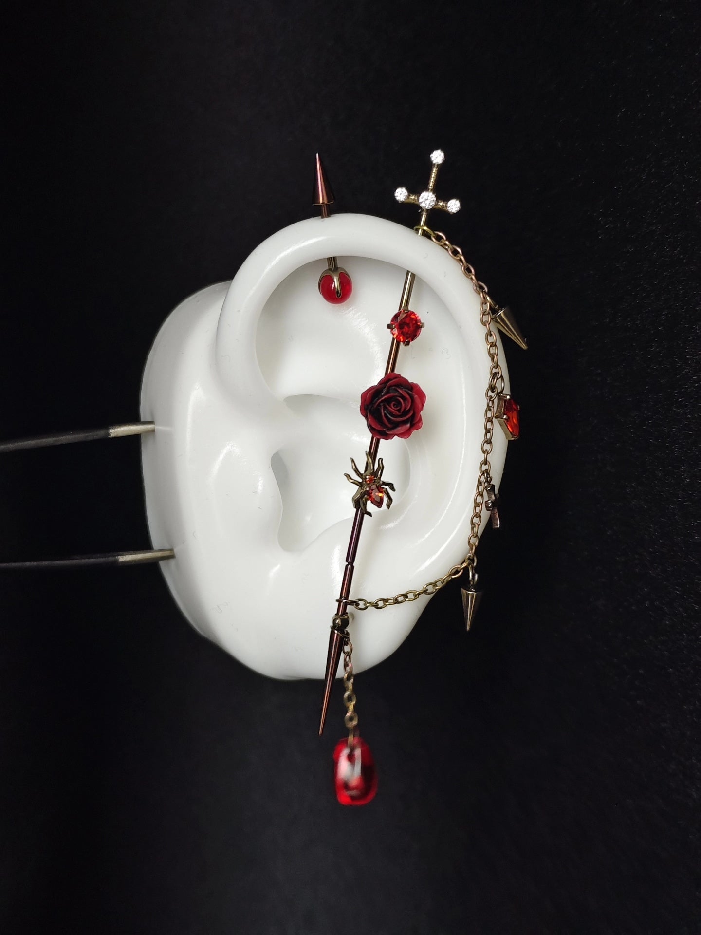 Gothic Multi-Charm Ear Cuff with Red Rose, Spider, Spikes, and Gemstone