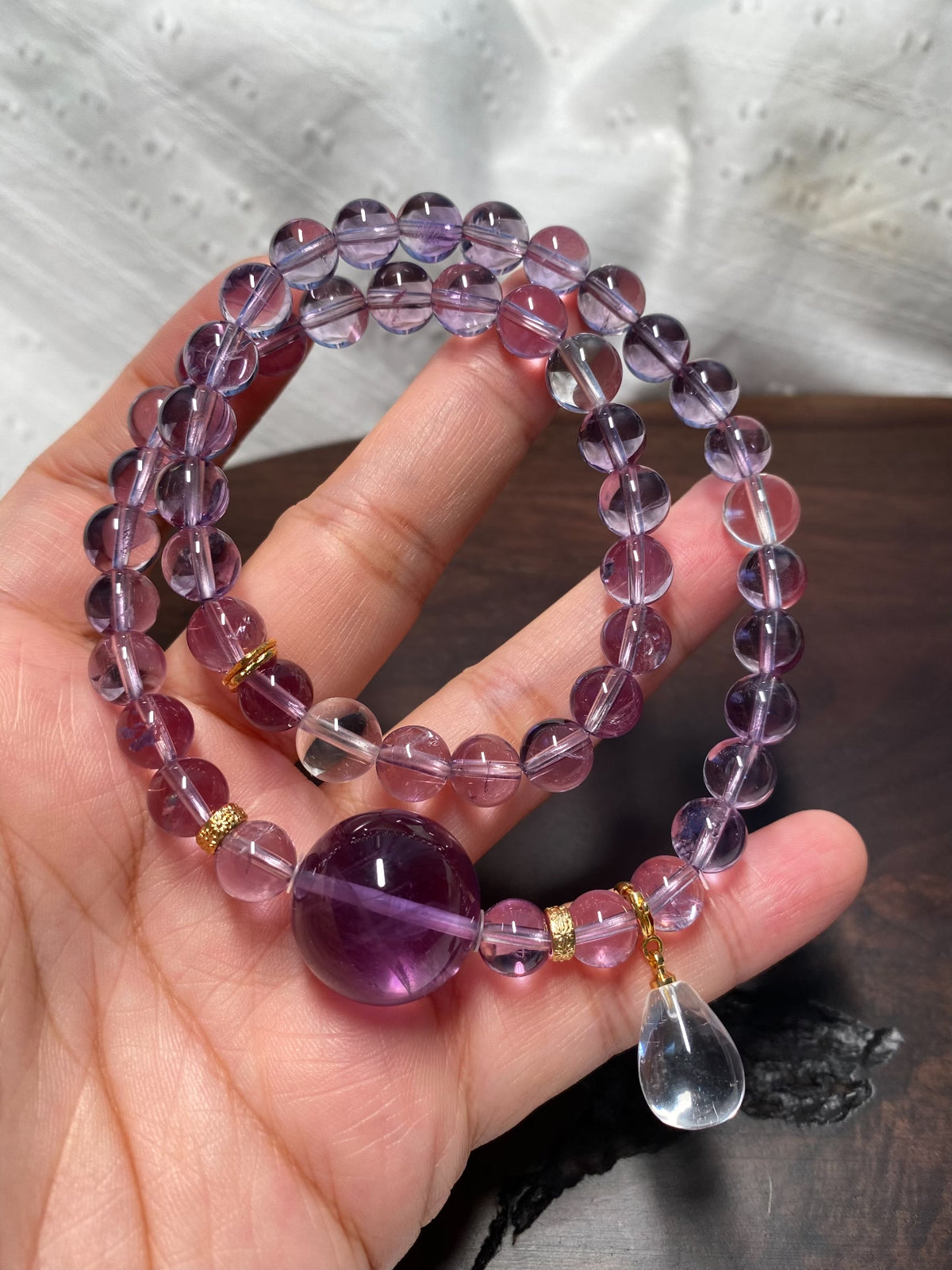 Amethyst Clear Quartz Double Loop Beaded Bracelet