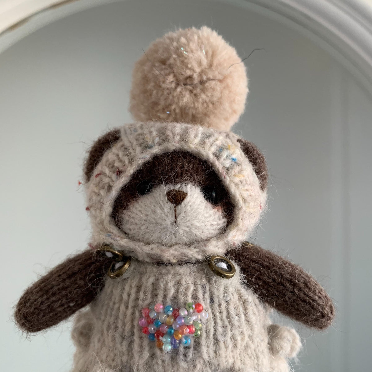 Hand Knitted Brown Teddy Bear with Beaded Sweater