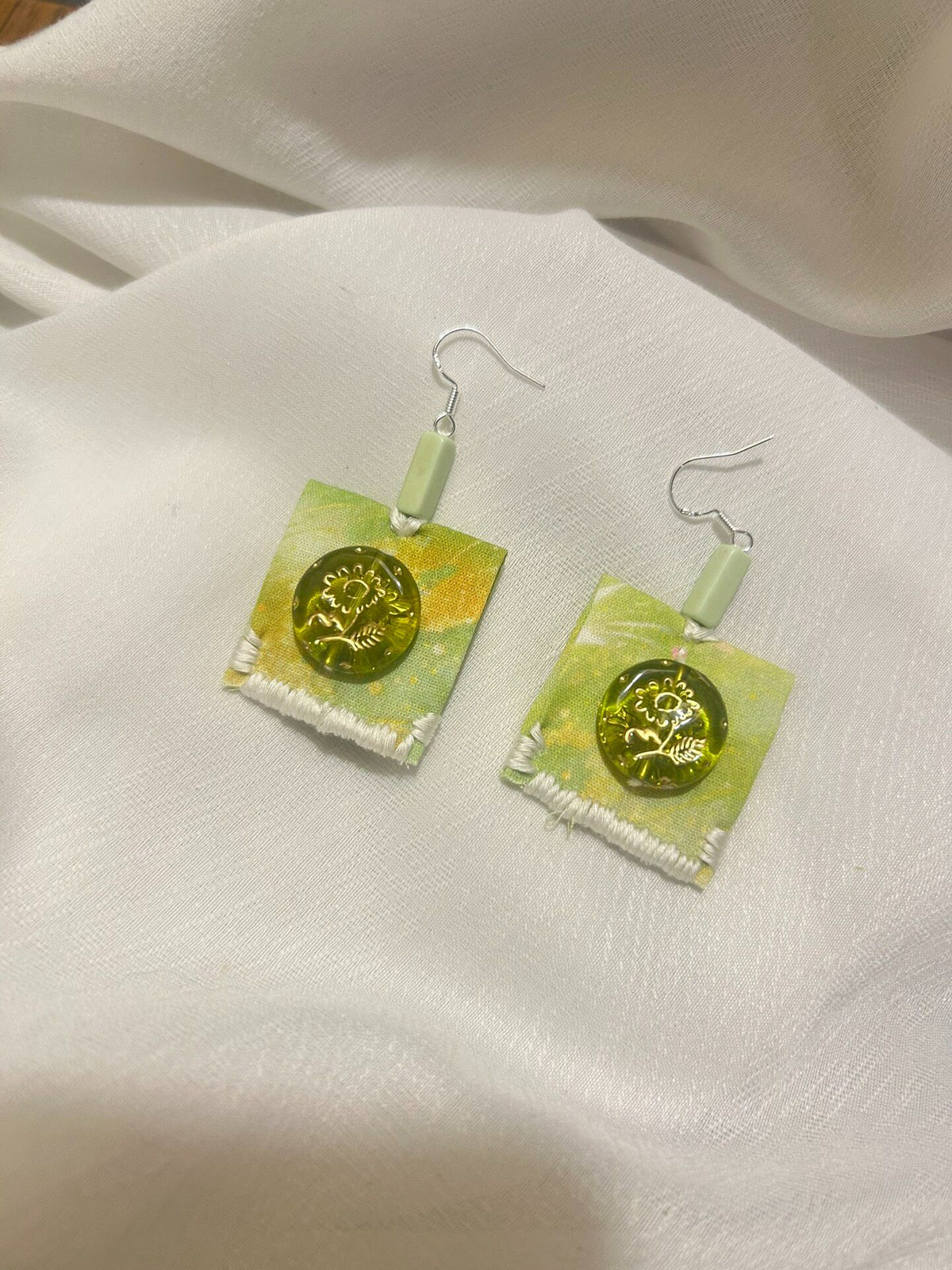 Handmade Fabric Earrings with Woven Pendant