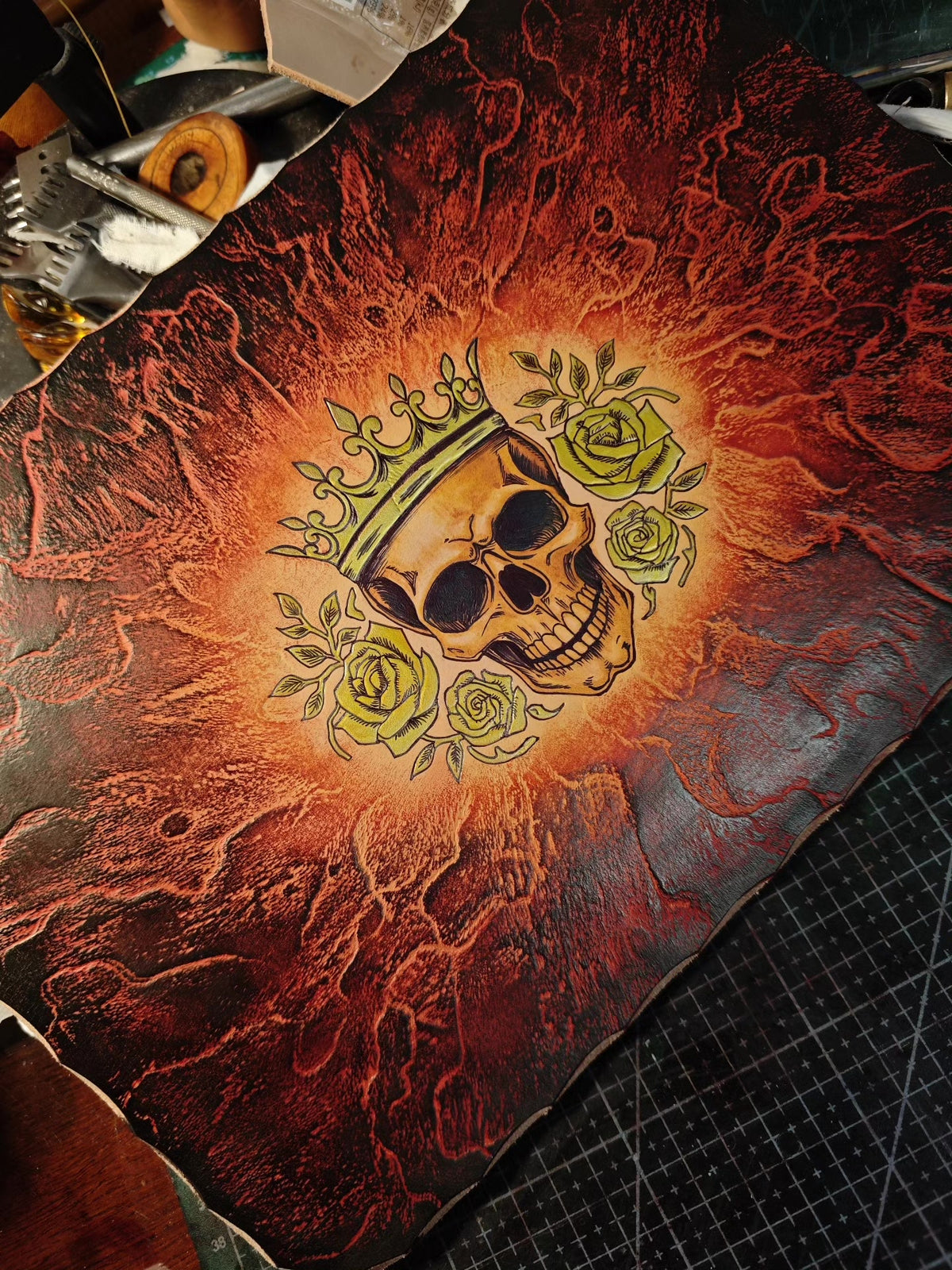 Handcrafted Leather Tray with Skull and Roses Motif