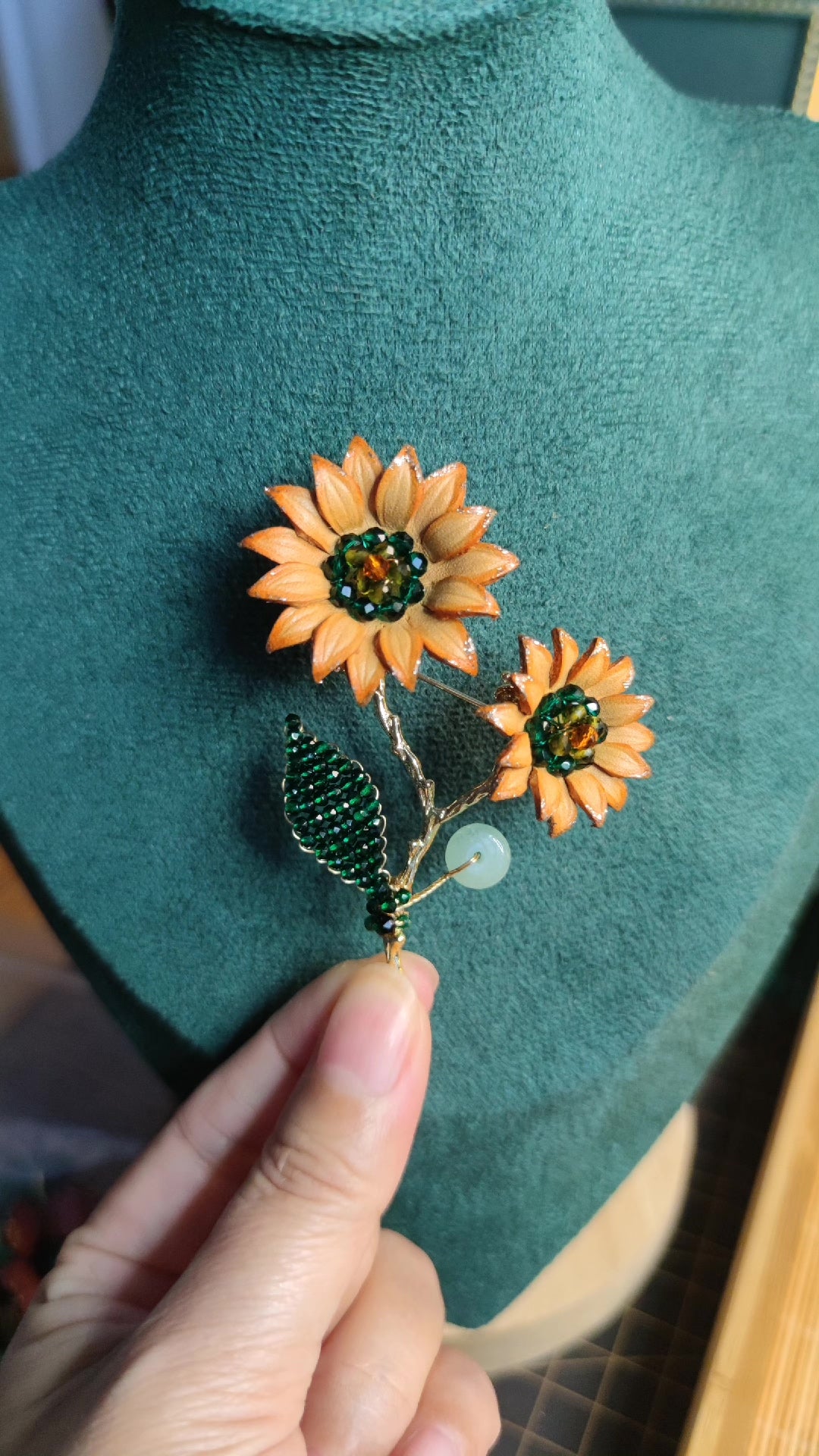 Handmade Leather Sunflower Brooch Beaded