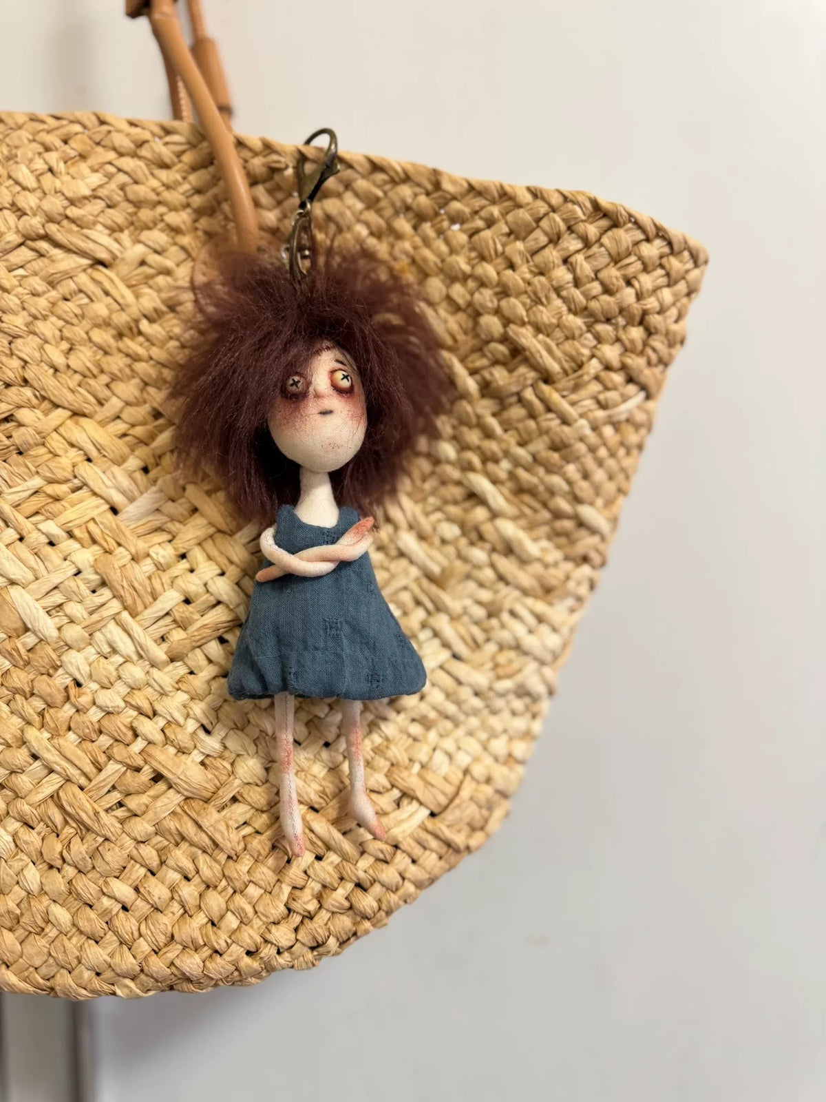 Handmade Fabric Keychain Doll with Blue Dress