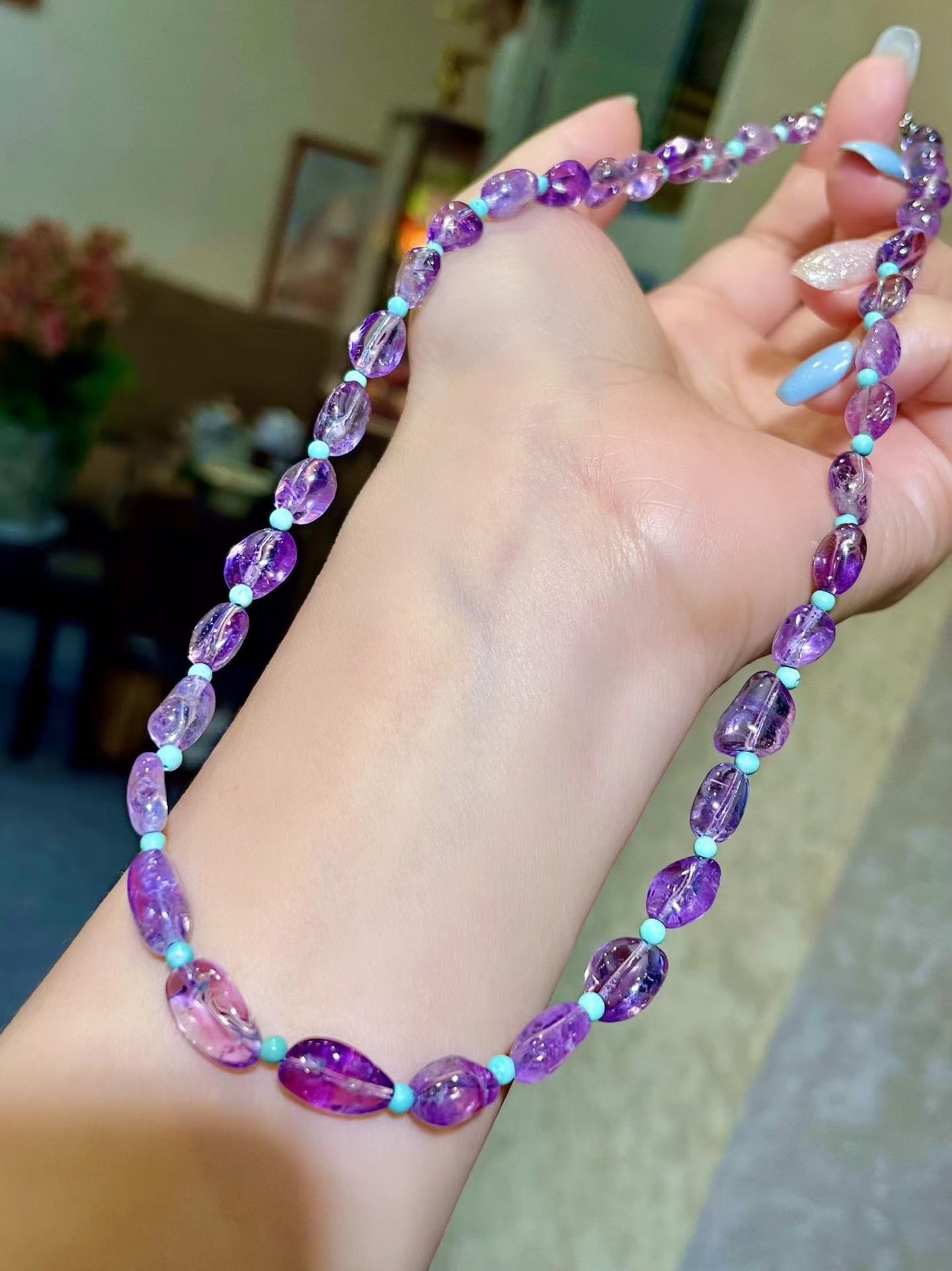 Freeform Amethyst and Turquoise Bead Necklace, 44cm