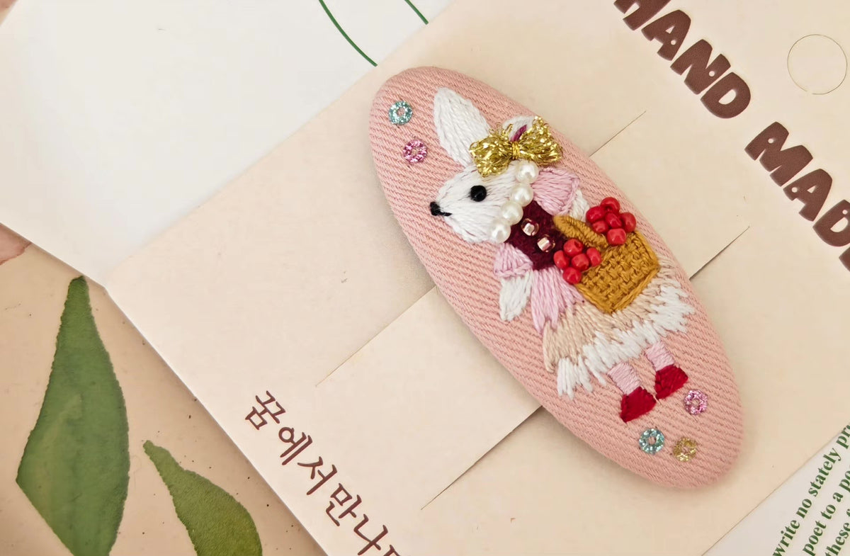 Hand Embroidered Rabbit Hair Clip Pink Fabric