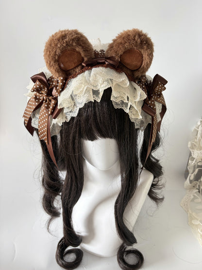 Brown Chocolate Bear Ear Lolita Headband with Lace and Bows