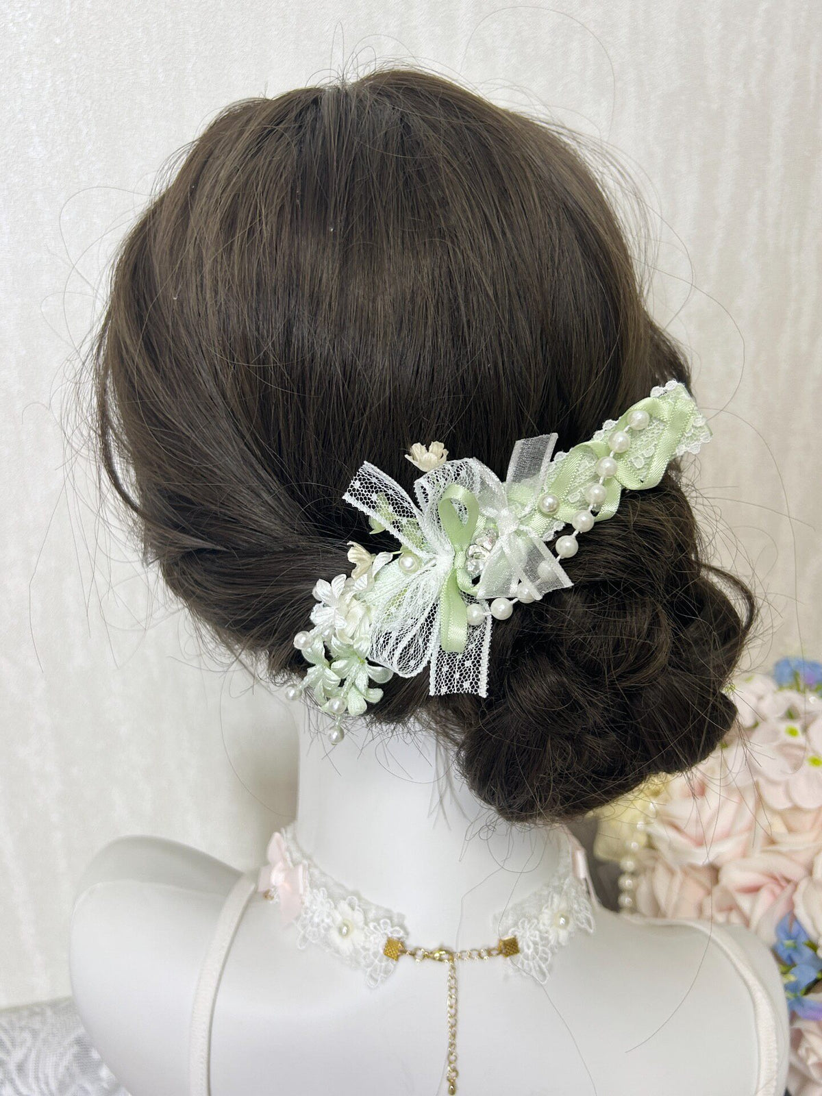 Pince à cheveux en acier fleur dentelle vert clair