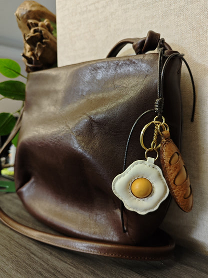Handmade Leather Fried Egg and Baguette Keychain Set