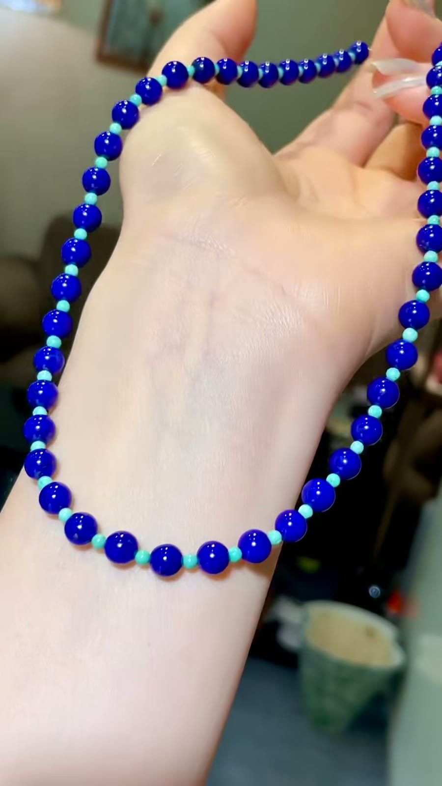 Lapislazuli- und Türkis-Perlenkette, 45 cm