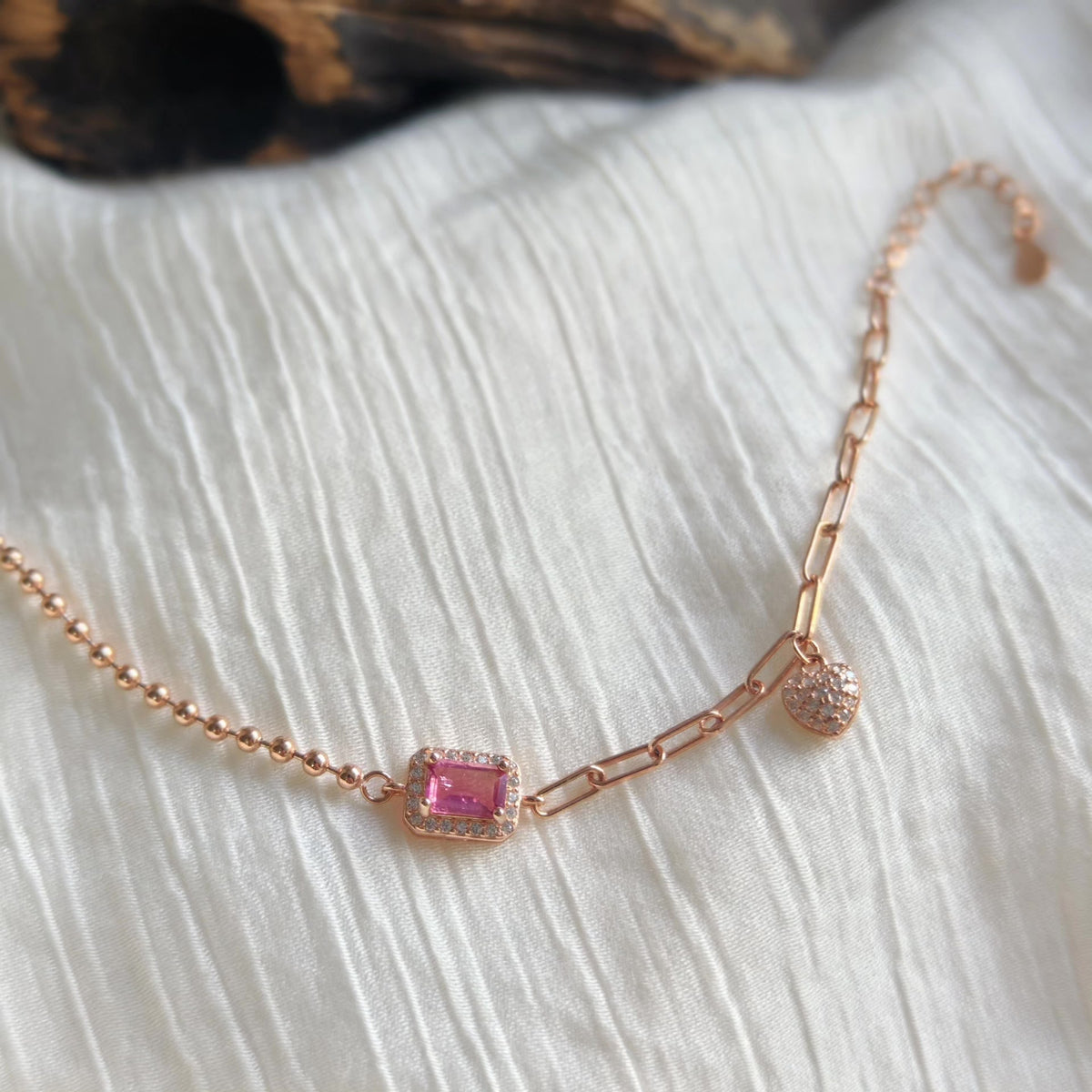 Tourmaline Heart Pendant Rose Gold Bracelet