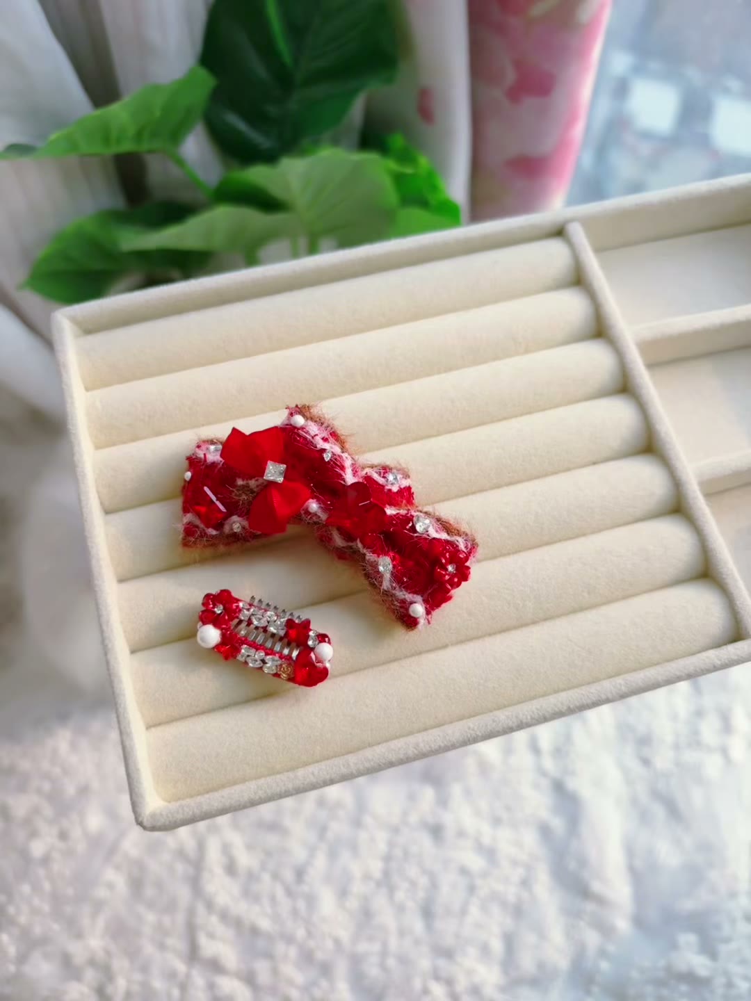 Handmade Red Plush Crystal Pet Hair Clip Set