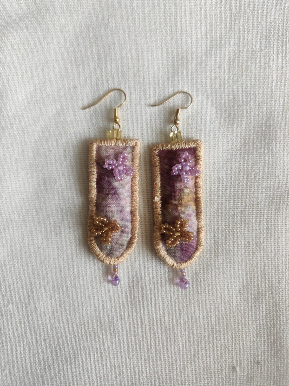 Handmade Fabric Earrings Purple Beaded Floral