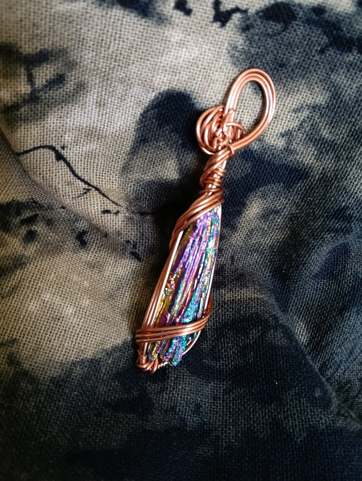 Copper Wire Wrapped Iridescent Crystal Pendant