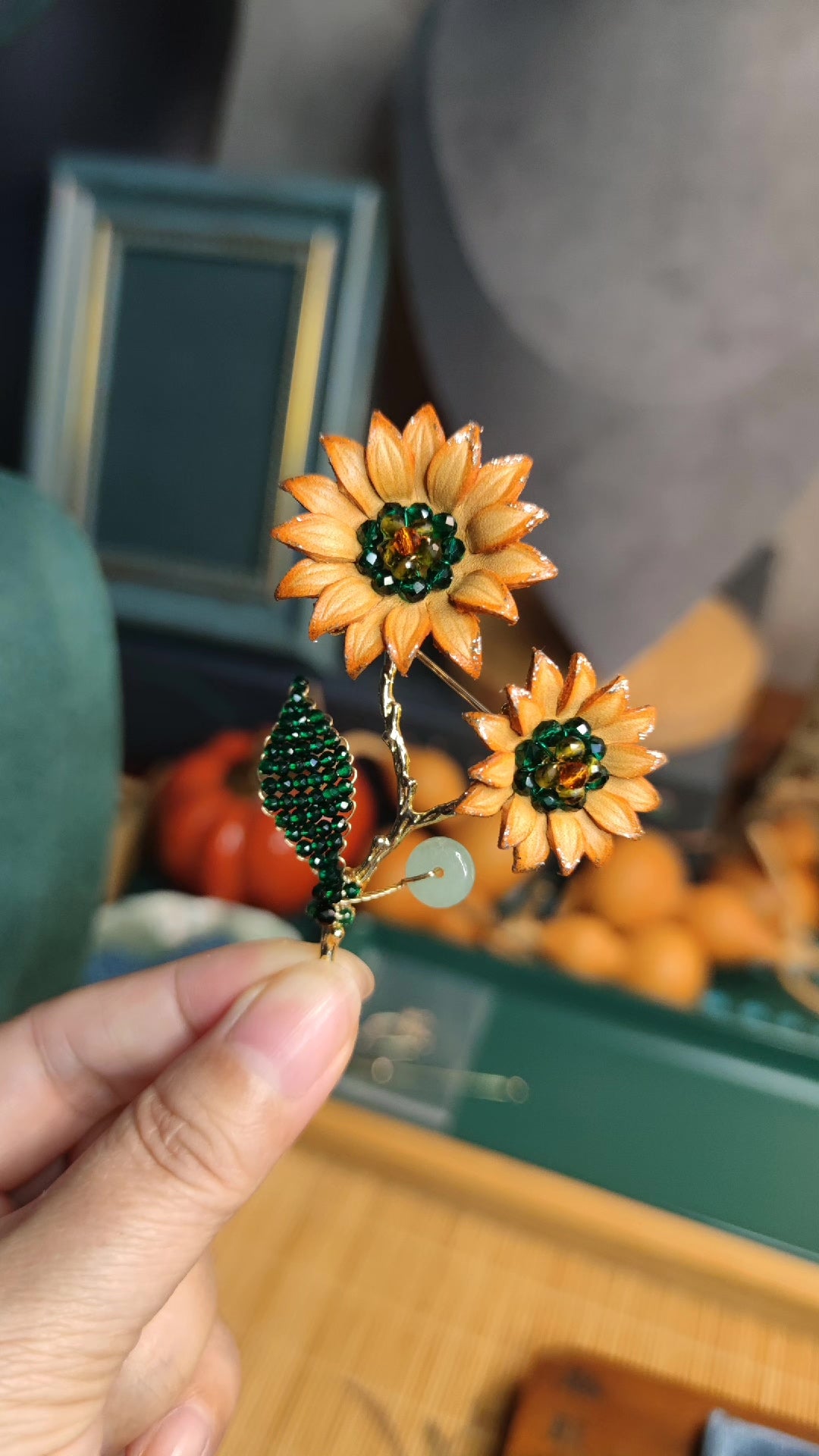 Handmade Leather Sunflower Brooch Beaded