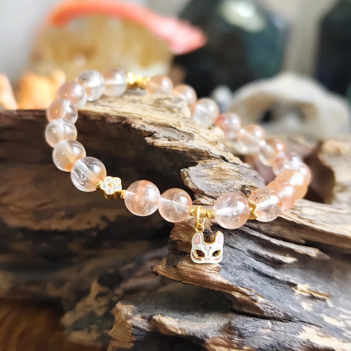 Bracciale in cristallo a pelo di coniglio rosso e argento con charm fox