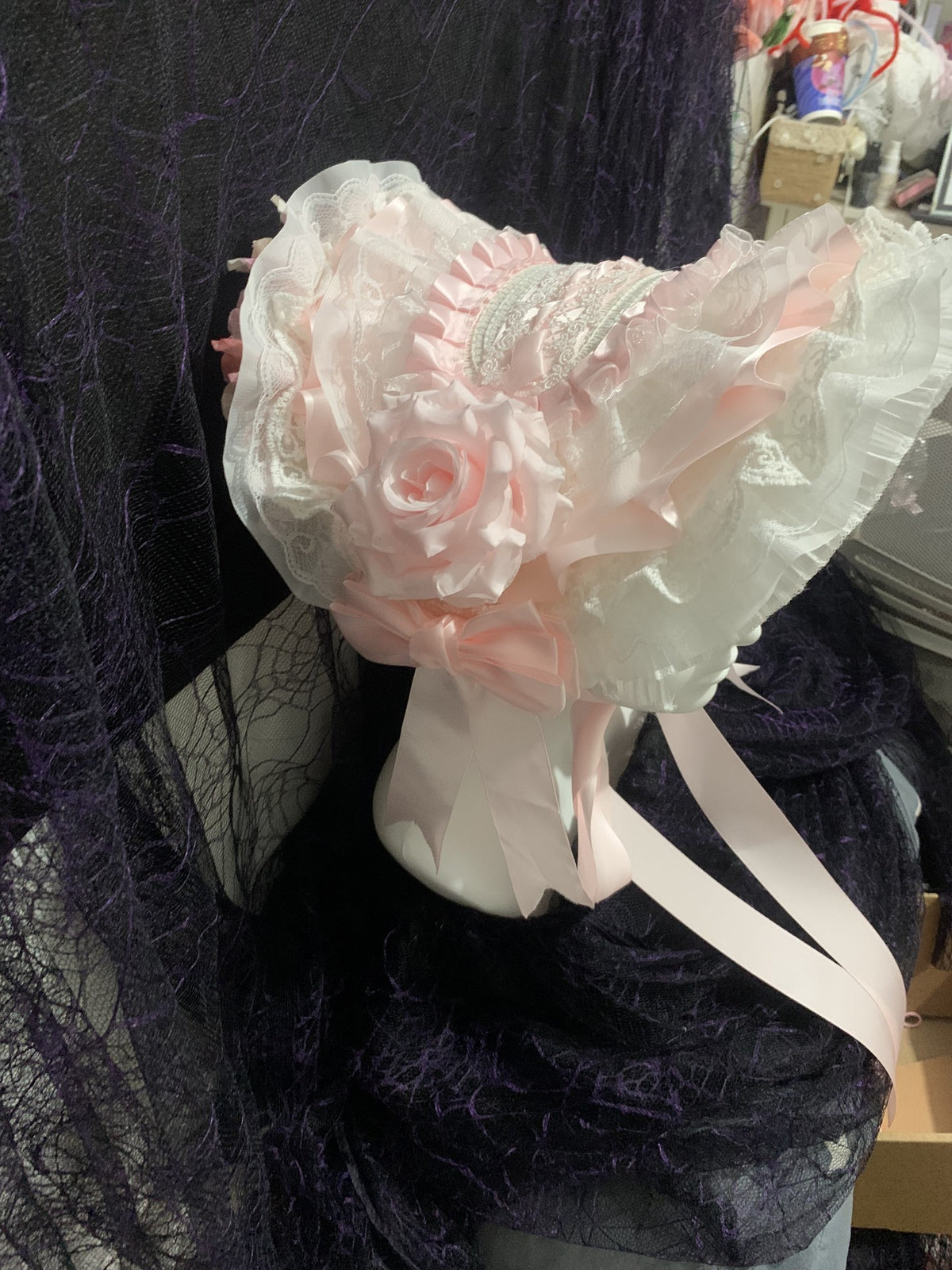 Pink Lace Floral Bonnet Hat
