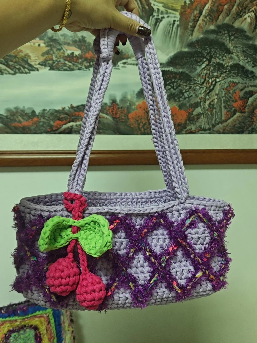 Handgehäkelte Shopper-Tasche mit Rautenmuster Lavendel