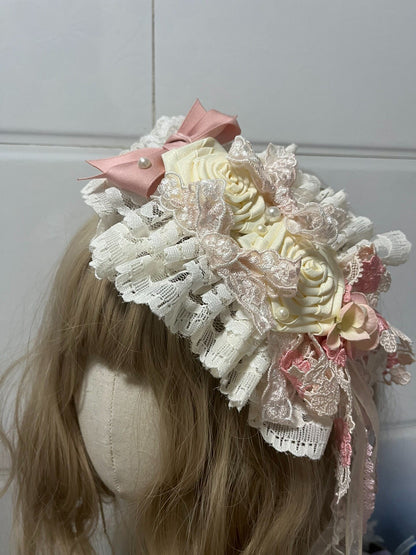Lolita Handmade Lace Flower Headpiece with Pink Roses and Pearl Accents