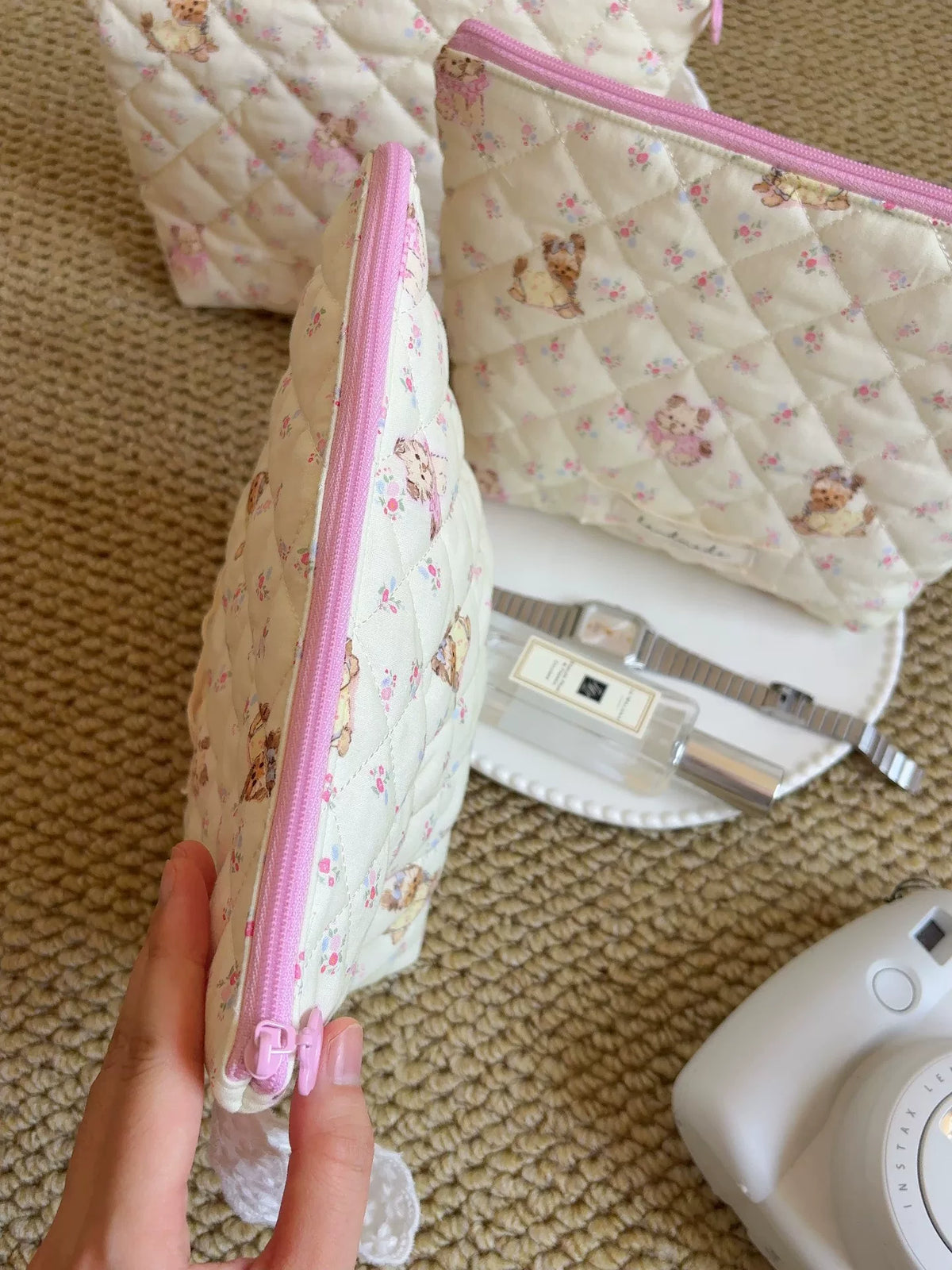 Quilted Yorkie Wash Bag with Lace Handle