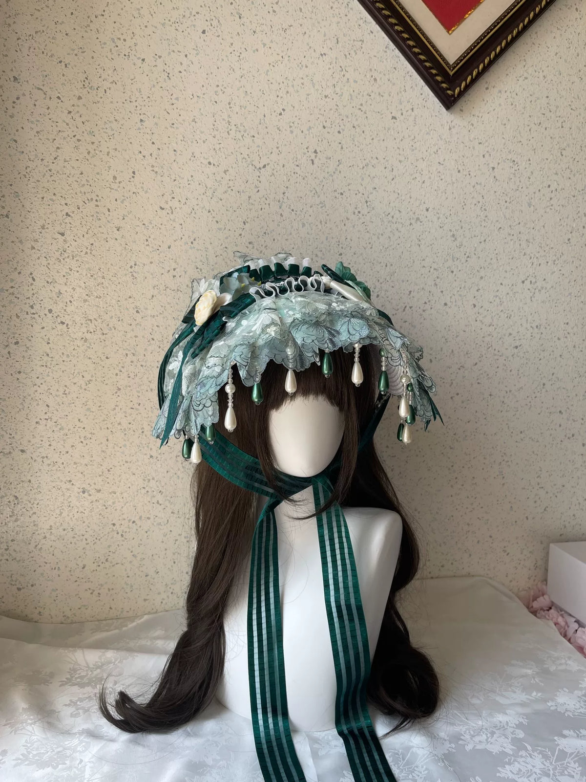 Gorro plano Lolita de encaje verde