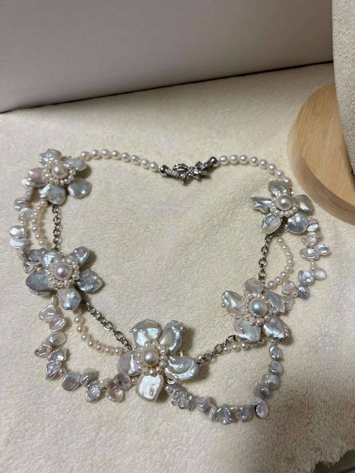 Silver Blue Shell Floral Pearl Necklace