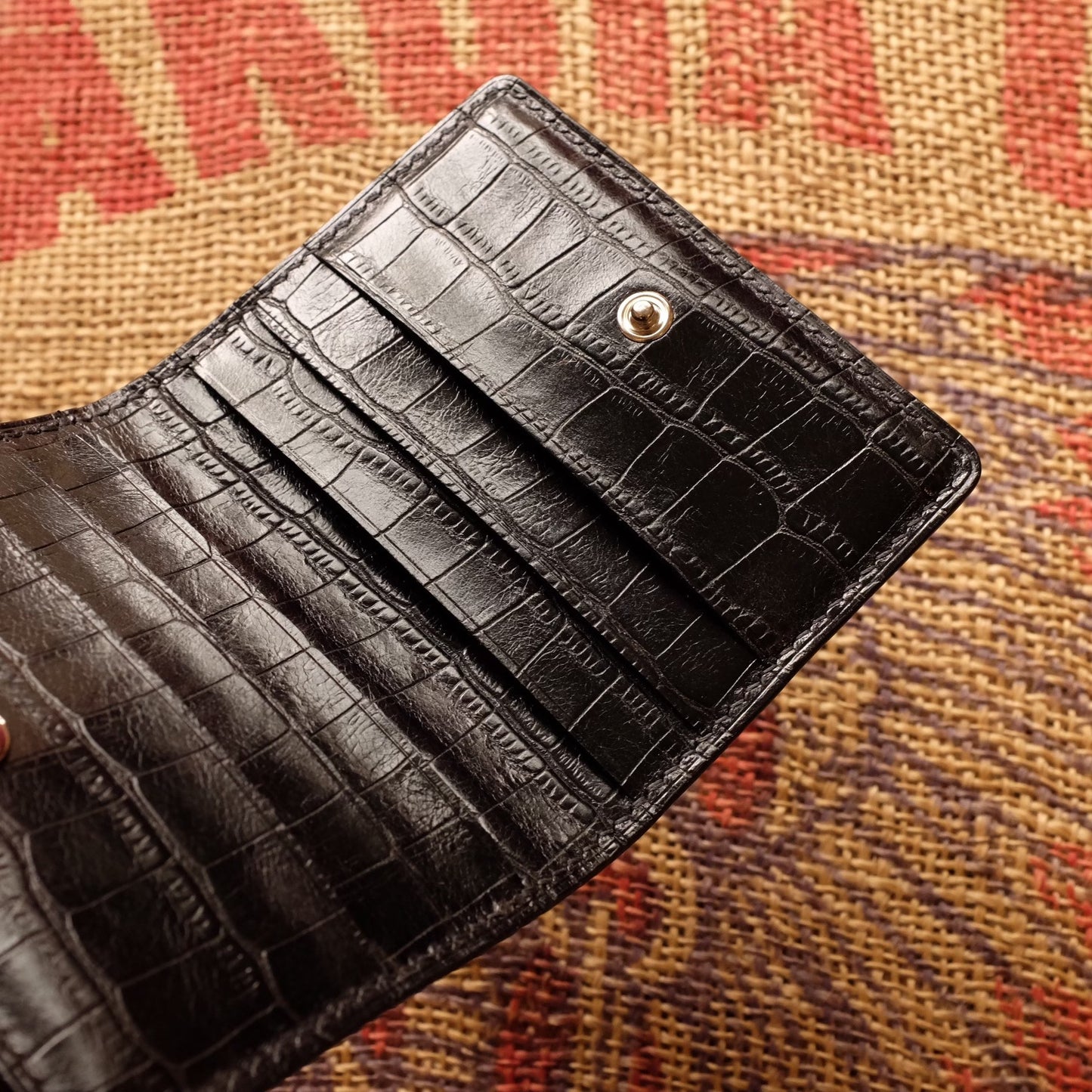 Black Leather Embossed Crocodile Bi-Fold Wallet