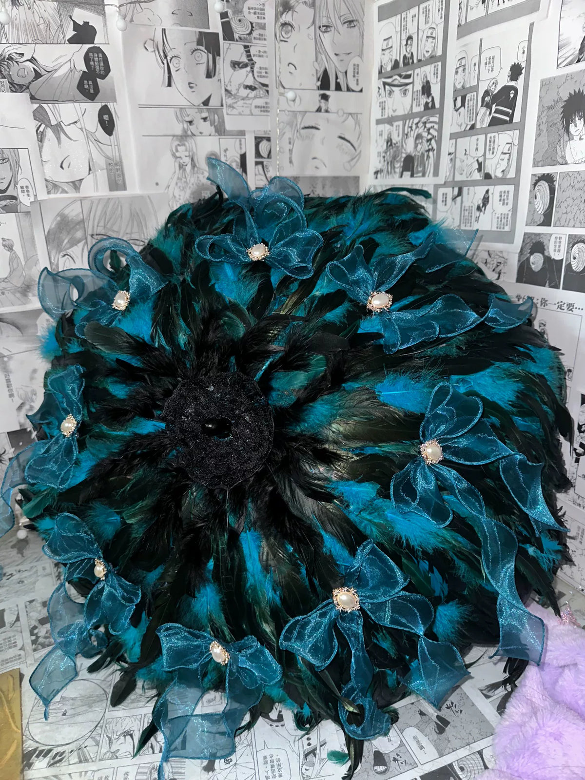 Lolita-parasol met teal veren