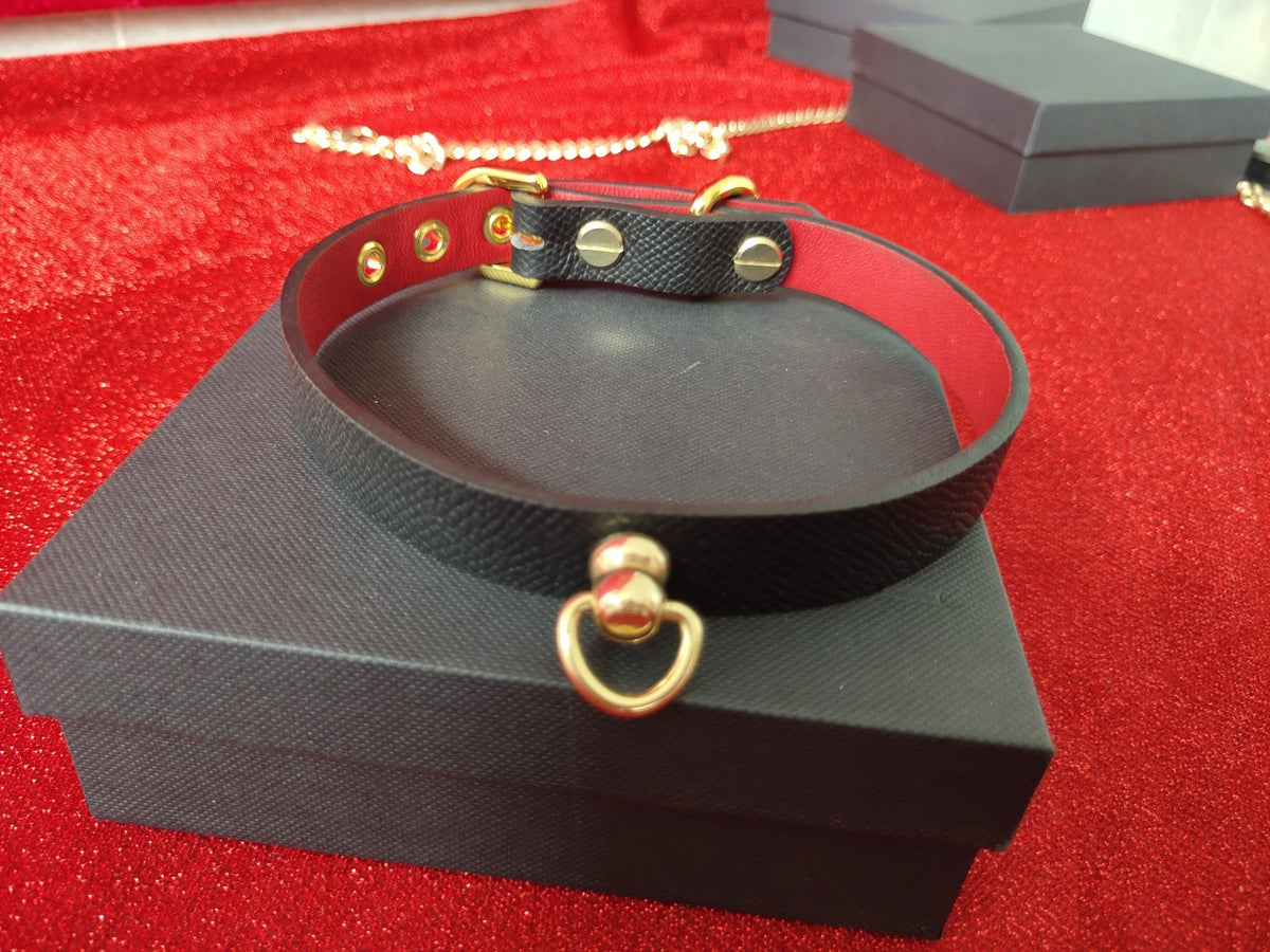 Black Cowhide Leather Collar with Red Lining