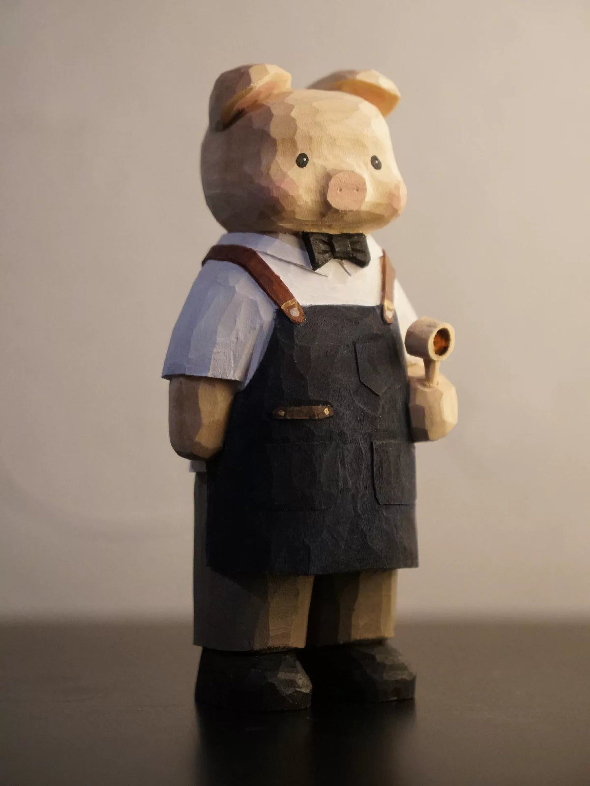 Hand Carved Basswood Barista Pig Figurine