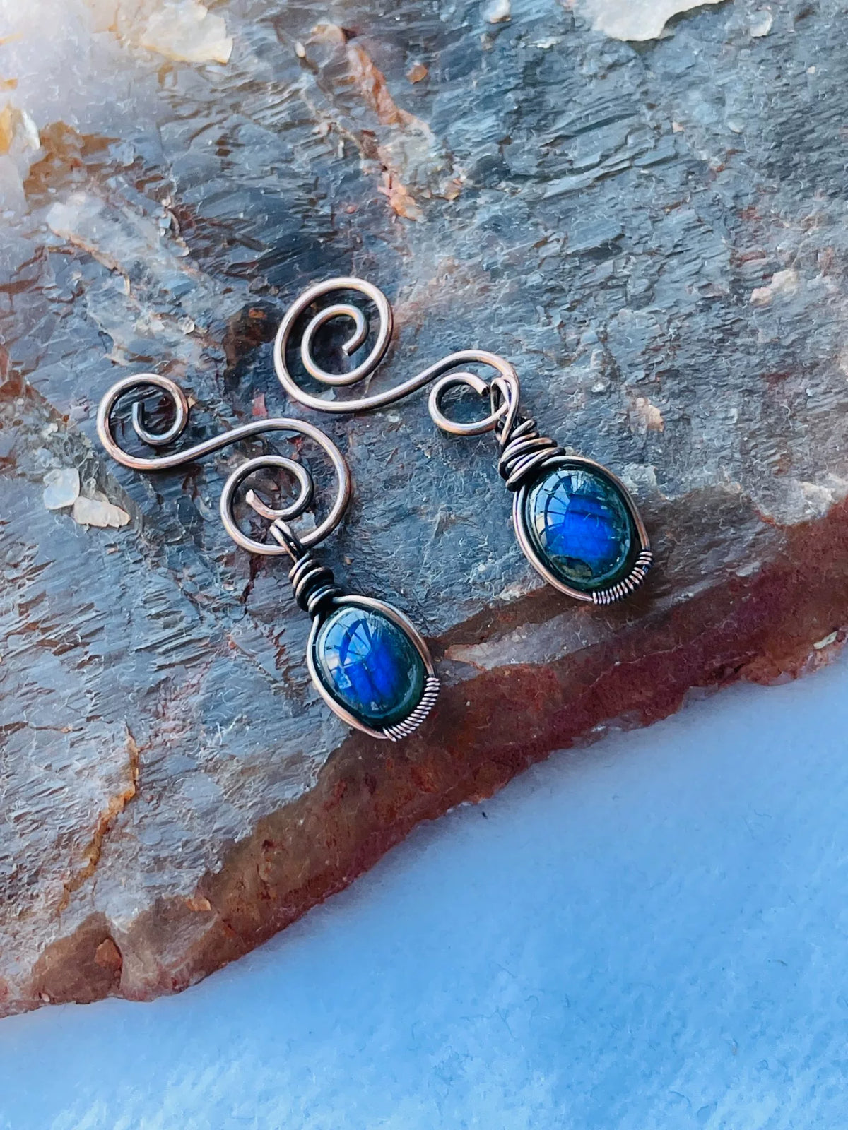 Boucles d'oreilles en Labradorite et Cuivre