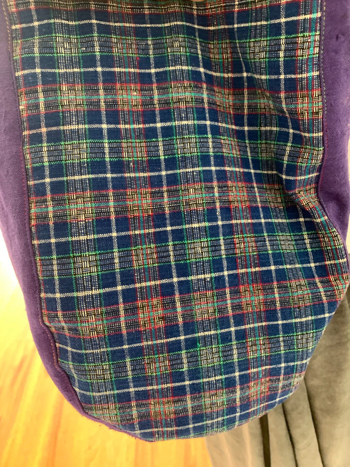 Handmade Purple Plaid Tote Bag with Dog Embroidery