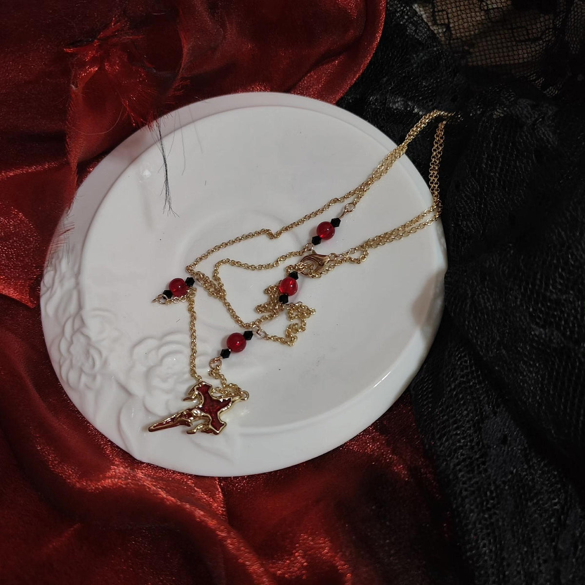 Gothic Fabric Rose Brooch Layered Necklace Set