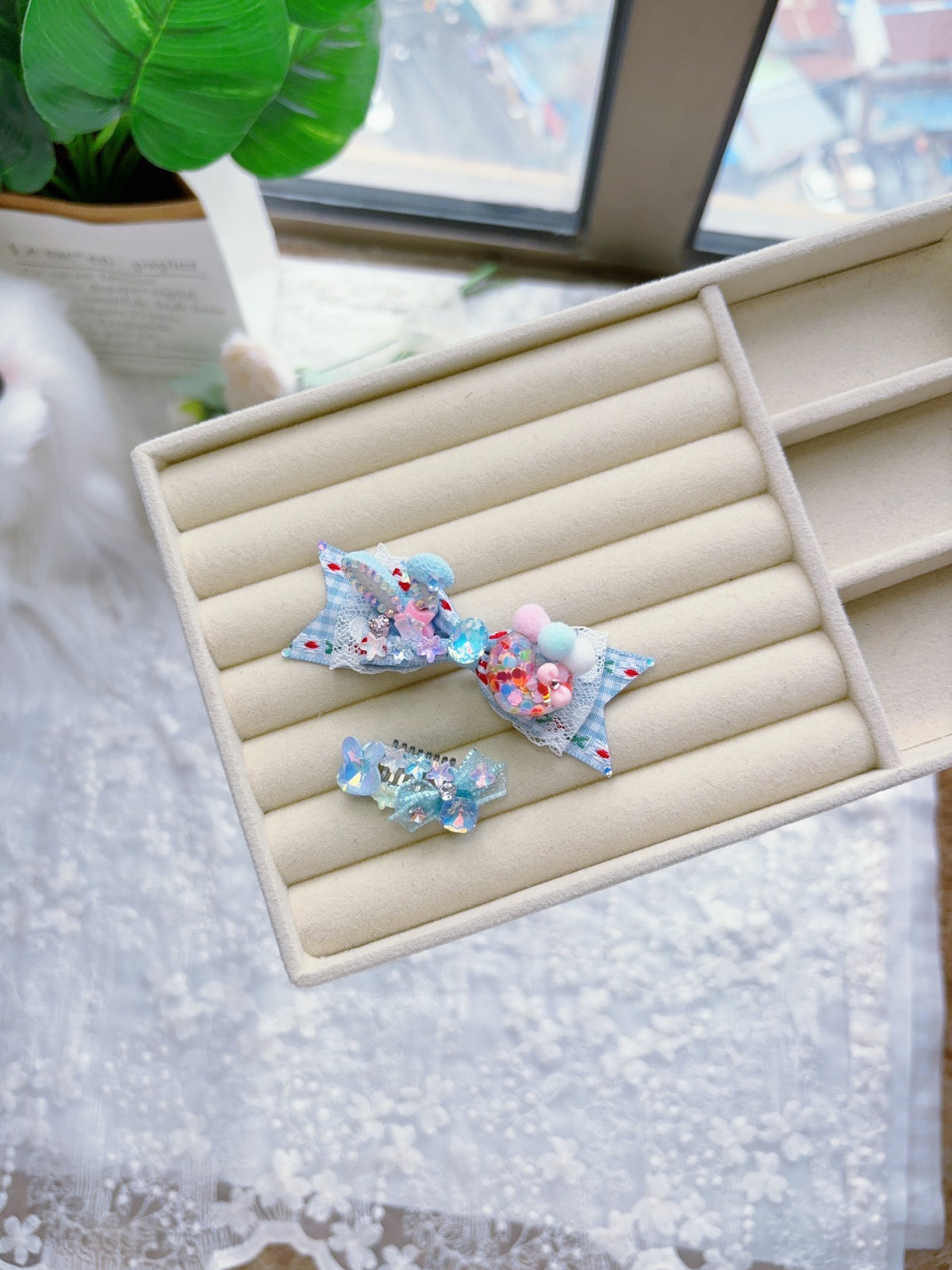 Handcrafted Blue Pet Hair Bow Clip Set