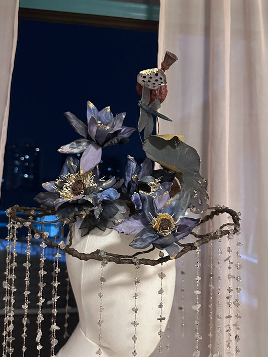 Lotus Flower Veil Headpiece with Beaded Drapes