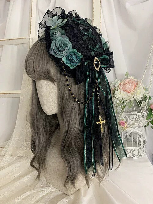 Gothic Lolita Mini Top Hat with Cross Brooch