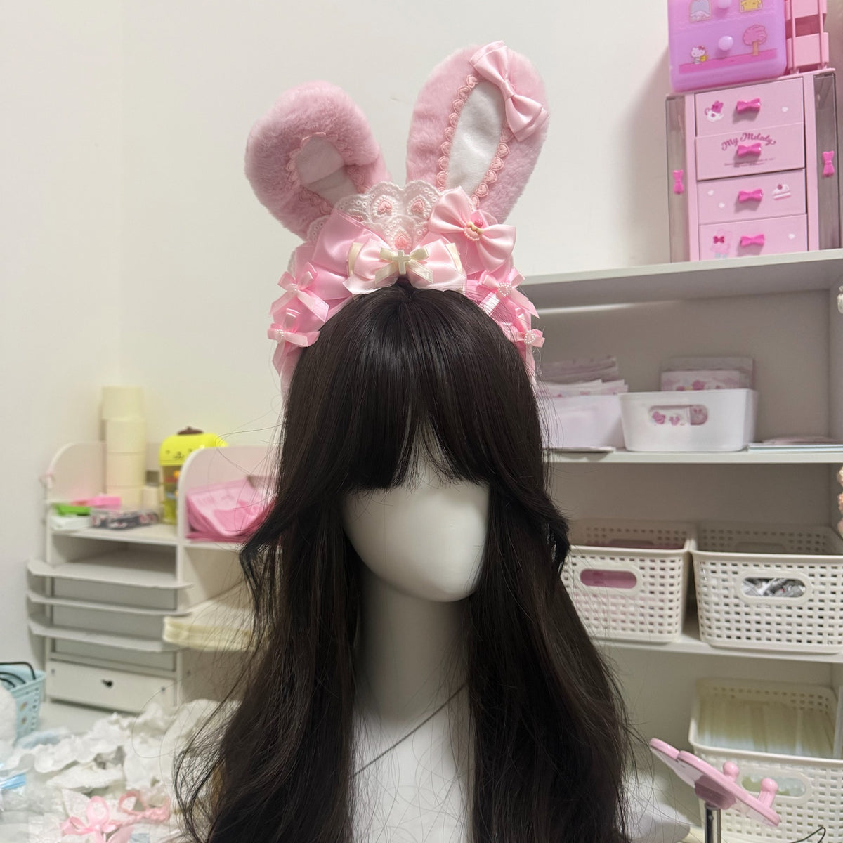 Pink Plush Bunny Ear Bow Headband