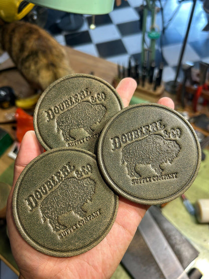 Set of Three Vegetable-Tanned Leather Coasters with Bison Embossed Design