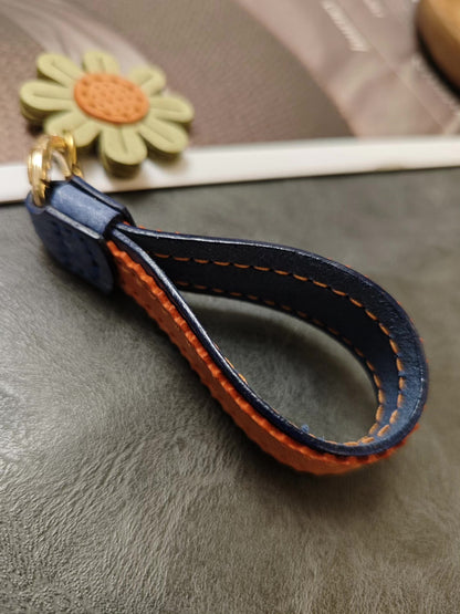Handmade Leather Keychain Bag Charm with Flower and Zigzag Stitching