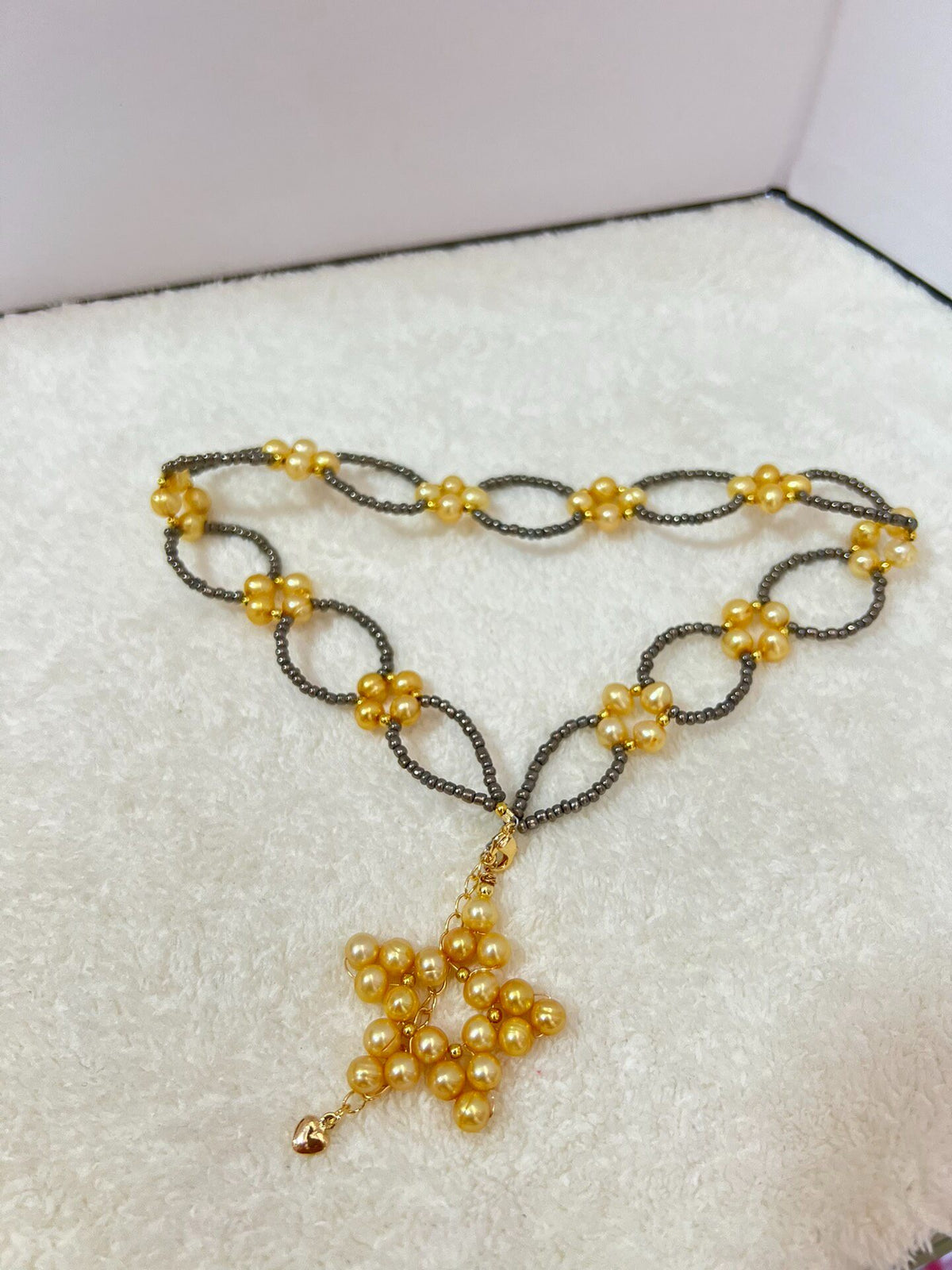 Gothic Lace Necklace Black Gold Pearl