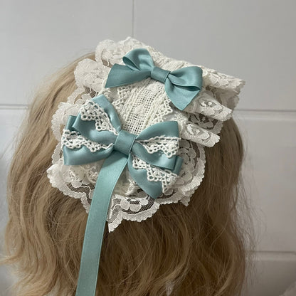 Handmade Lolita Lace Hairband with Bean Green Satin Bows