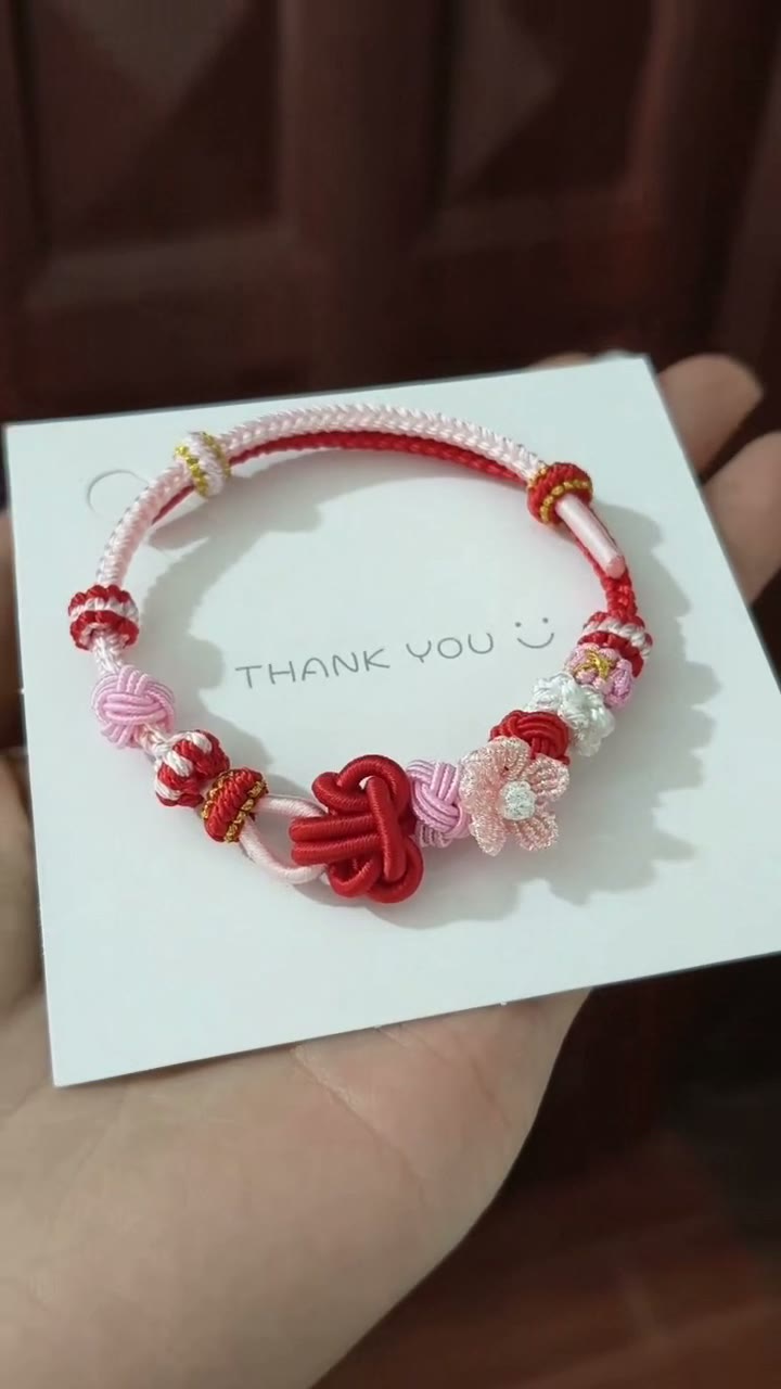 ハンドメイド 赤×ピンク 編みコードブレスレット