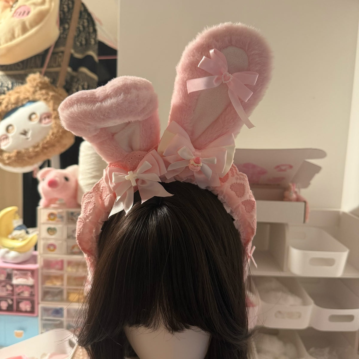 Pink Plush Bunny Ear Headband with Satin Bow