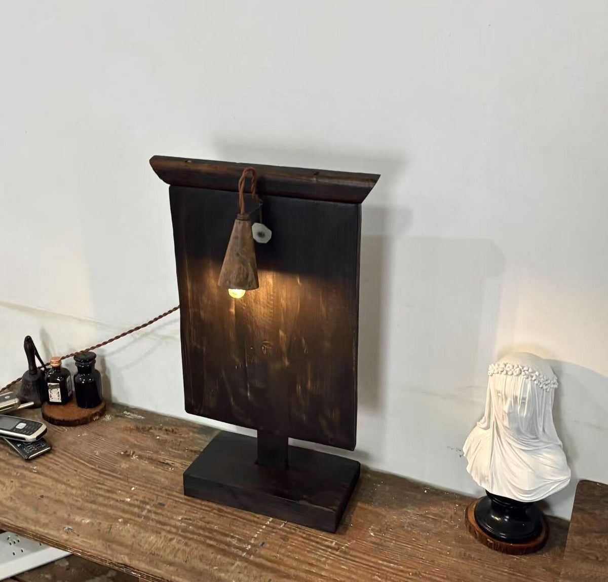 Vintage Solid Wood Table Lamp Rustic Industrial