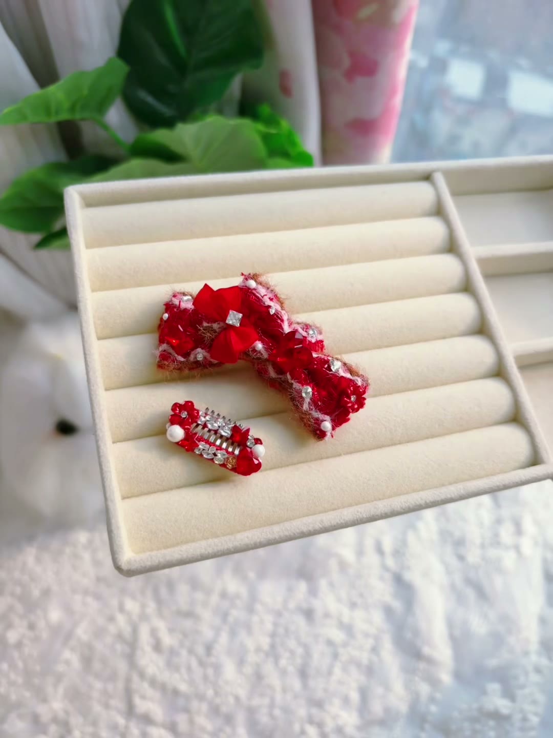 Handmade Red Plush Crystal Pet Hair Clip Set