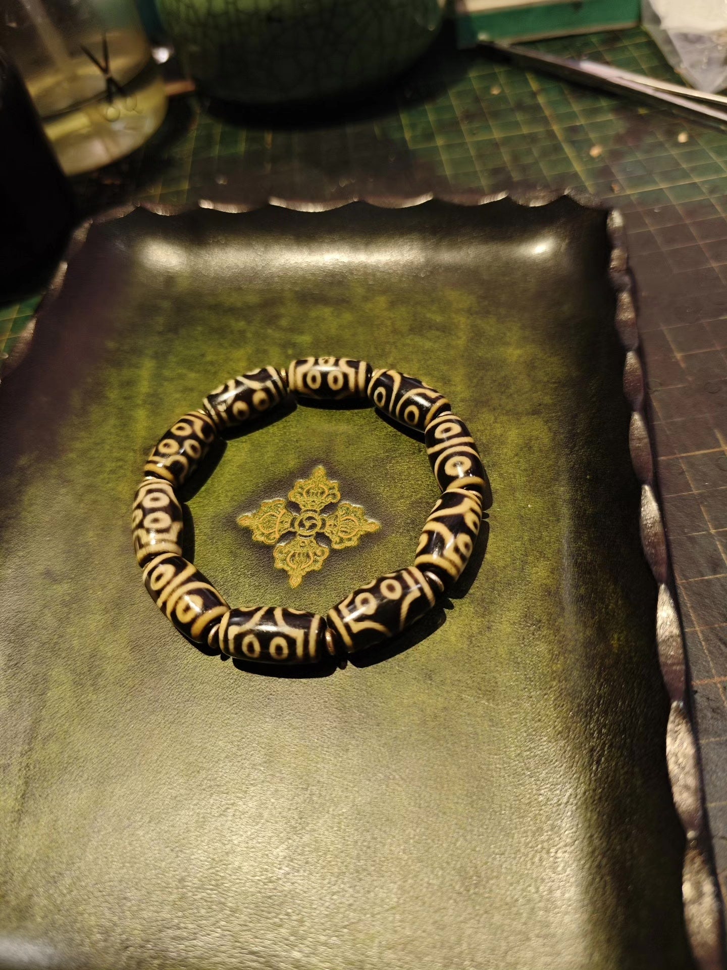 Antique Green Leather Rectangular Tray with Gold Carved Center and Scalloped Edges