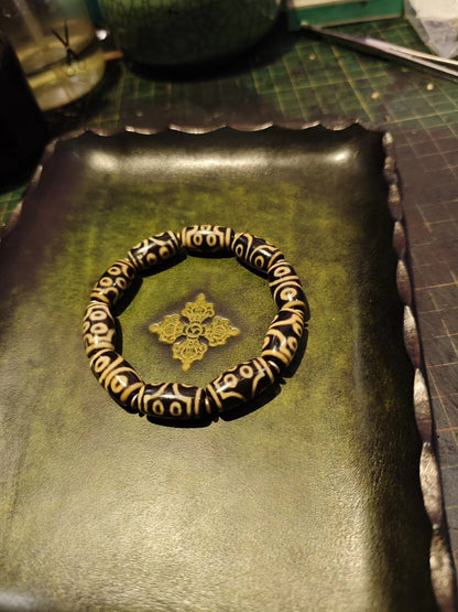 Antique Green Leather Rectangular Tray with Gold Carved Center and Scalloped Edges