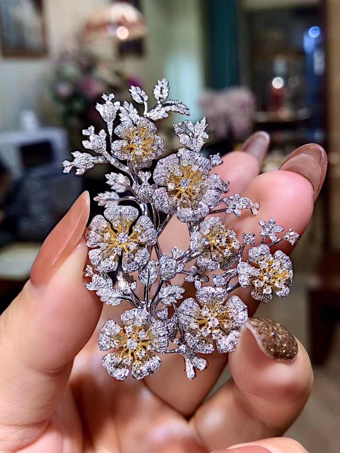 18K Two-Tone Gold Floral Brooch and Earrings Set with Pavé Clear Gemstones
