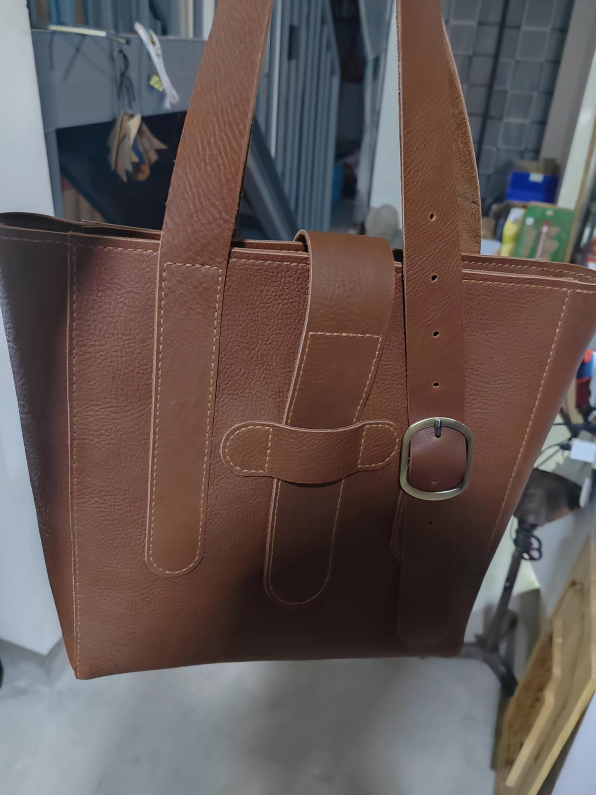 ハンドメイド ブラウン ペブルド レザー トートバッグ